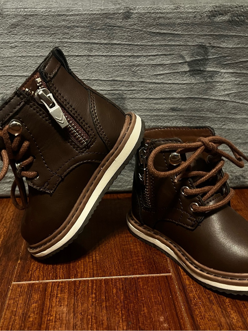 Kids Brown Lace-Up Ankle Boots with Side Zip
